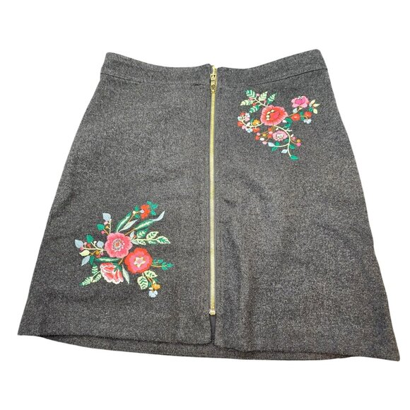 Loft Gray Skirt Wool Blend Floral Embroidered A-Line Gold Zipper Gold 4 JJ3988 - Picture 1 of 8